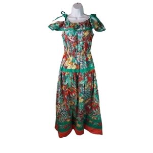 Vtg 70s animal floral off shoulder maxi dress